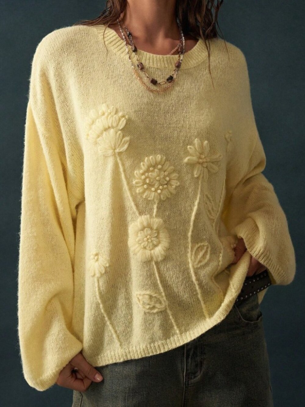 Pale Yellow Floral Tonal Embroidered Oversized Knit Sweater